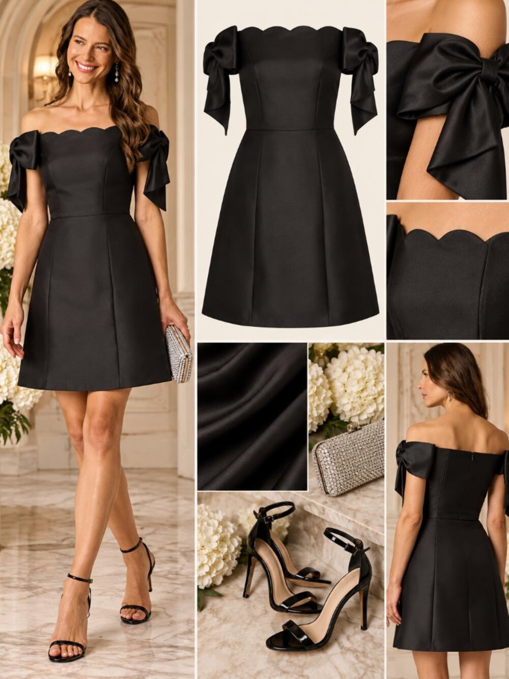 Adrianna Papell Black Off Shoulder Bow Satin Cocktail Dress Size 4 NWT